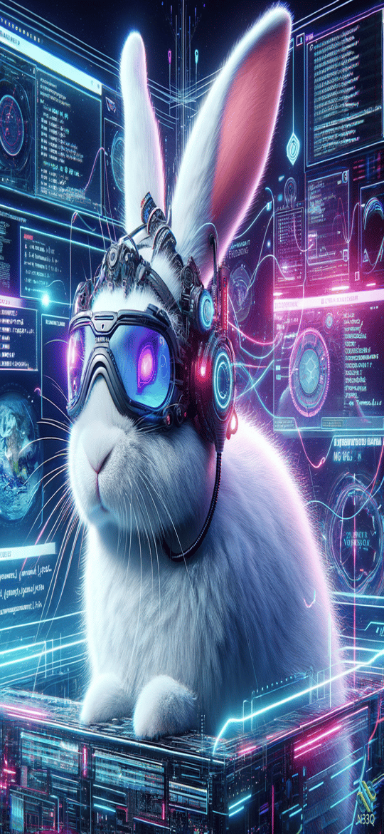 Cyberpunk Rabbit with Neon Goggles in Data Center