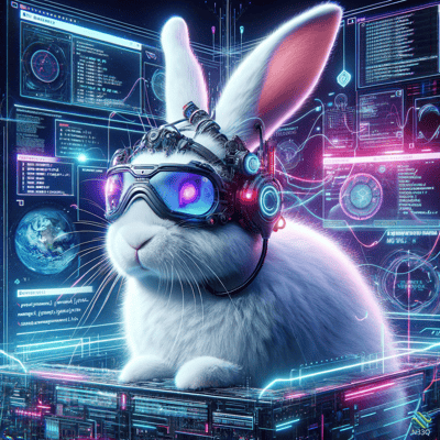 Cyberpunk Rabbit with Neon Goggles in Data Center