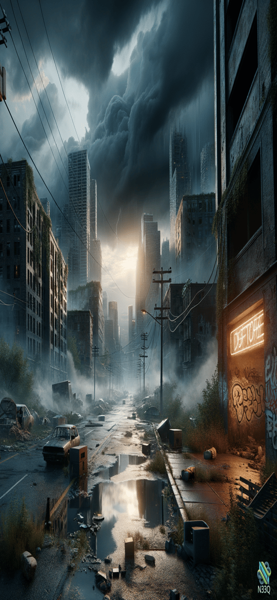 Post-Apocalyptic City Ruins Under Storm Clouds