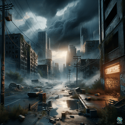Post-Apocalyptic City Ruins Under Storm Clouds