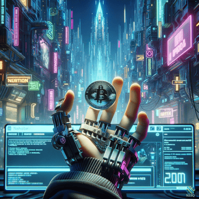 Cyborg Hand Holding Bitcoin in Neon City
