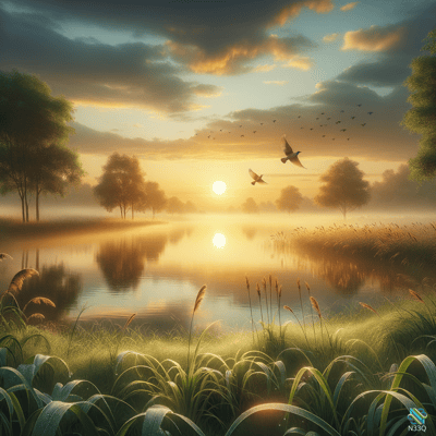Golden Sunrise Over Misty Lake With Birds
