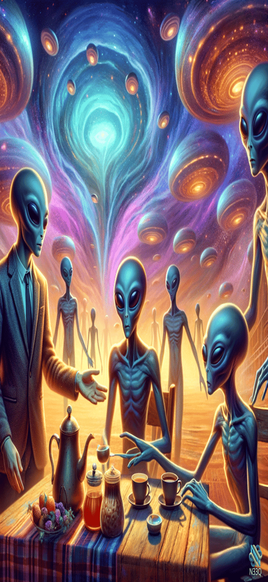 Aliens Sharing Tea Under Swirling Galaxies