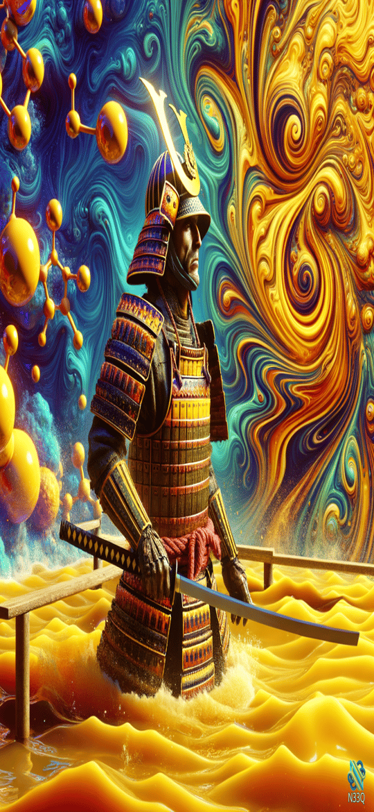 Samurai Warrior in Golden Liquid Waves