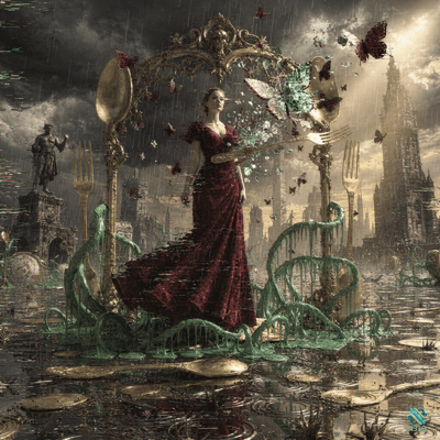 Woman in Red Gown Amid Giant Cutlery