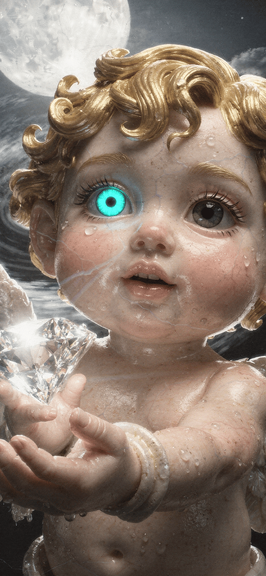 Glowing-Eyed Cherub Holding Diamond Under Moon