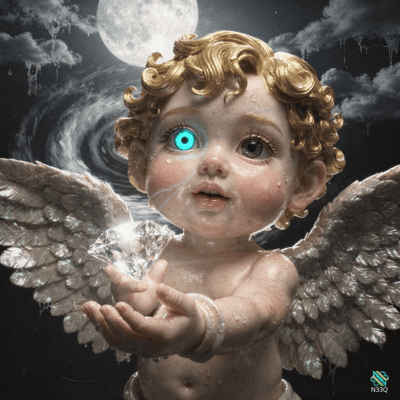 Glowing-Eyed Cherub Holding Diamond Under Moon