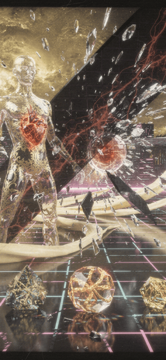 Shattering Glass Humanoid in Neon Futuristic City