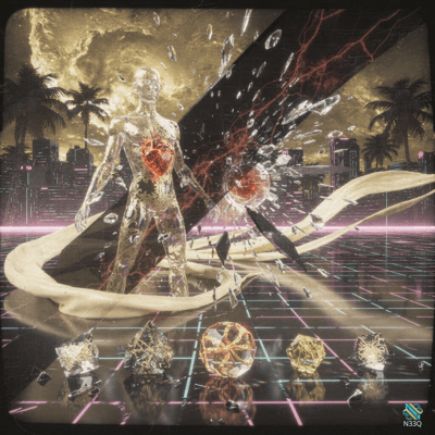 Shattering Glass Humanoid in Neon Futuristic City