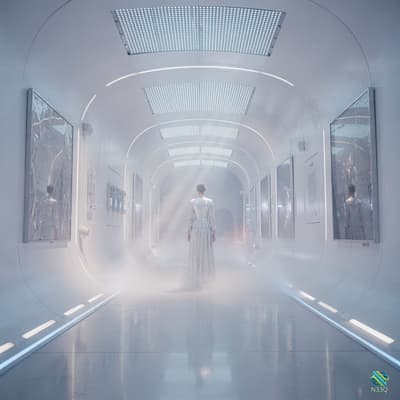 Woman in White Dress Walking Futuristic Corridor