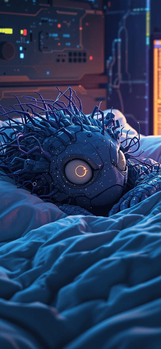 Cyborg Creature Resting in Futuristic Bed