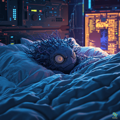 Cyborg Creature Resting in Futuristic Bed