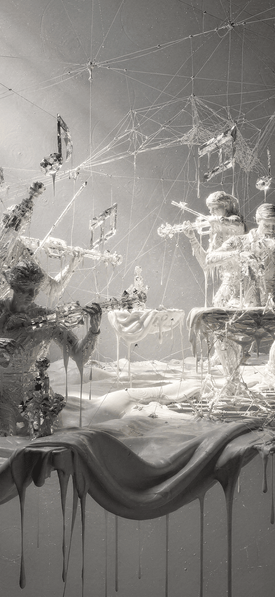 Melting White Orchestra Under Floating Music Notes
