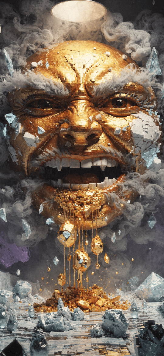 Cracked Golden Face Roaring from Storm Clouds