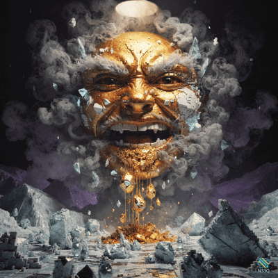 Cracked Golden Face Roaring from Storm Clouds