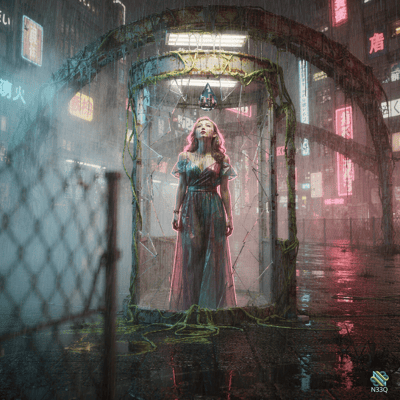 Woman in Vines Overgrown Neon Phone Booth