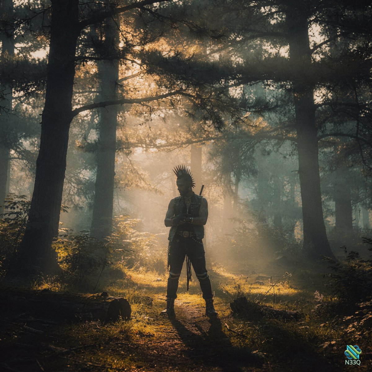 Mohawked Warrior in Misty Sunlit Forest