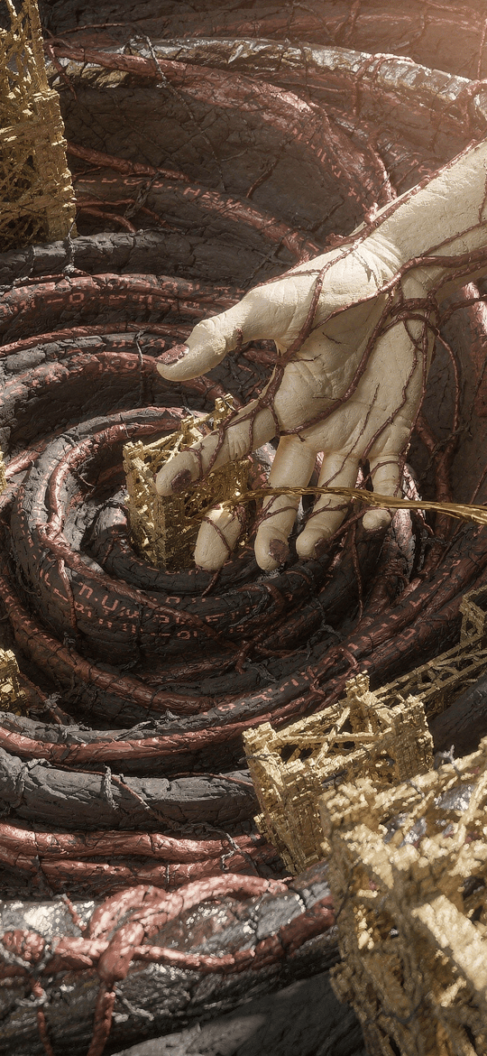 Cracked Hand Reaching into a Spiral of Cables