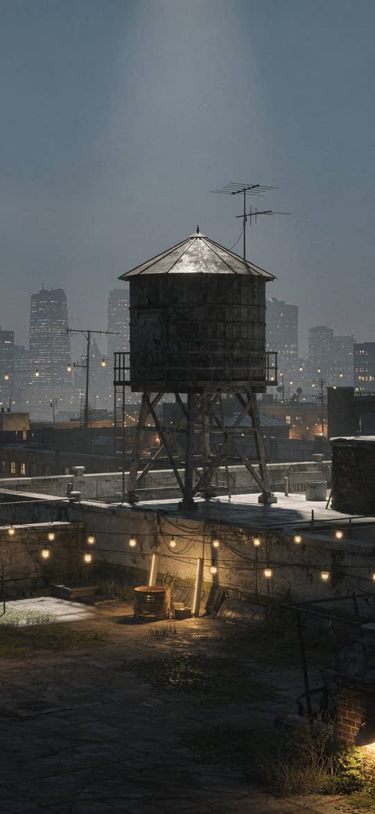 Water Tower on Urban Rooftop at Night