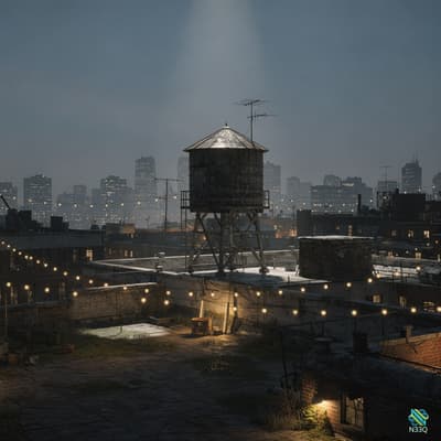 Water Tower on Urban Rooftop at Night