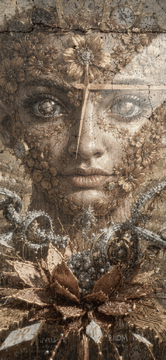 Woman's Face with Clocks and Flowers