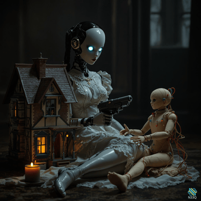 Android in White Dress Holding Pistol