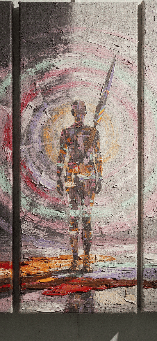 Triptych of a Spear-Bearing Figure Before Painted Rings