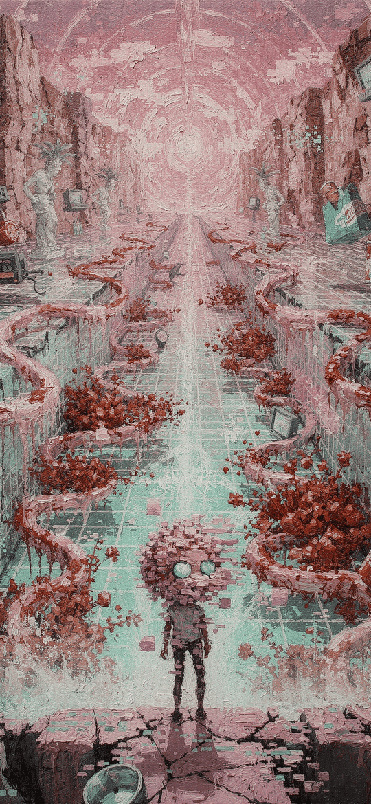 Wire-Headed Figure in Ruined Cyber Corridor