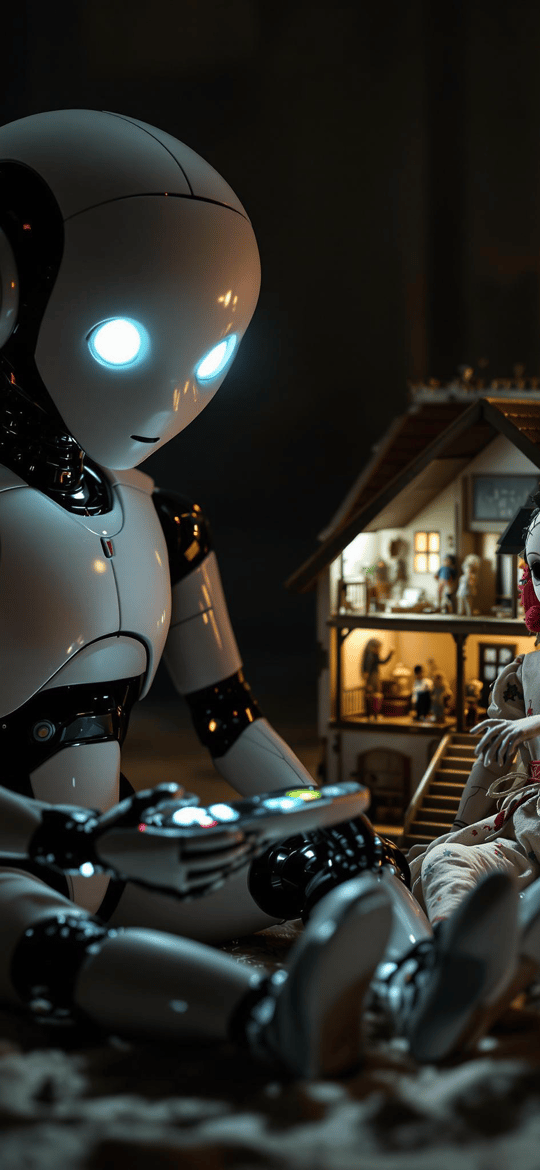 Robot Beside Creepy Doll in Dollhouse