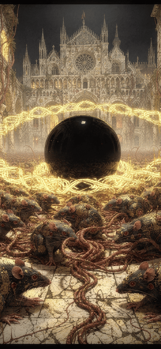 Black Orb Amid Rat Swarm in Gothic Ruins