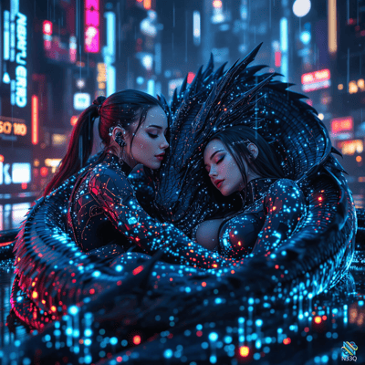 Two Women Embracing in Neon Cyberpunk Rain