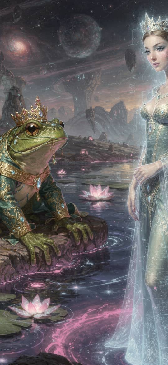 Crowned Frog and Luminous Queen in Mystic Swamp