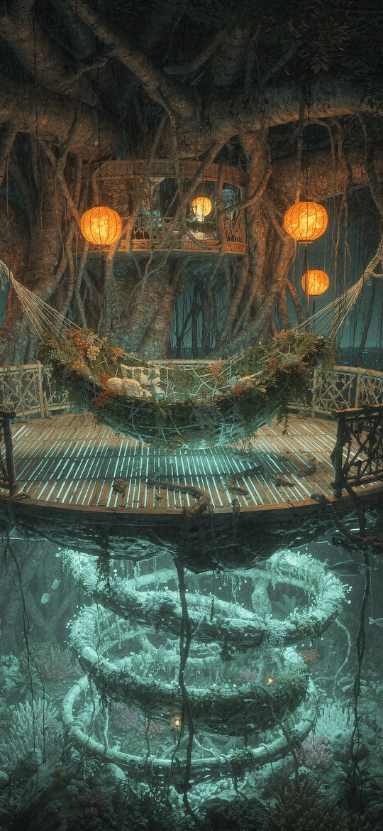 Tree Platform with Hammock and Lanterns