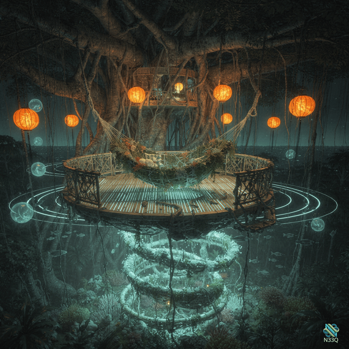 Tree Platform with Hammock and Lanterns