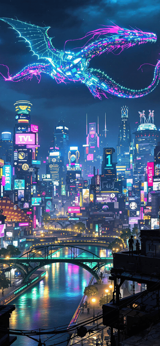 Neon Dragon Over Cyberpunk City Night