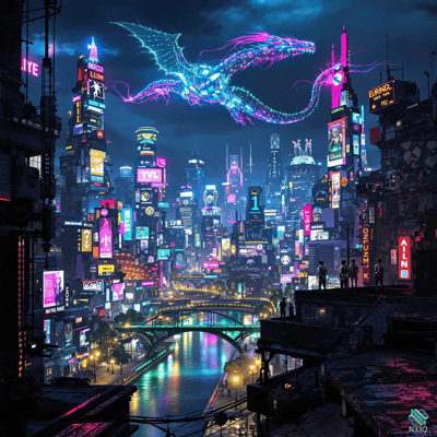 Neon Dragon Over Cyberpunk City Night
