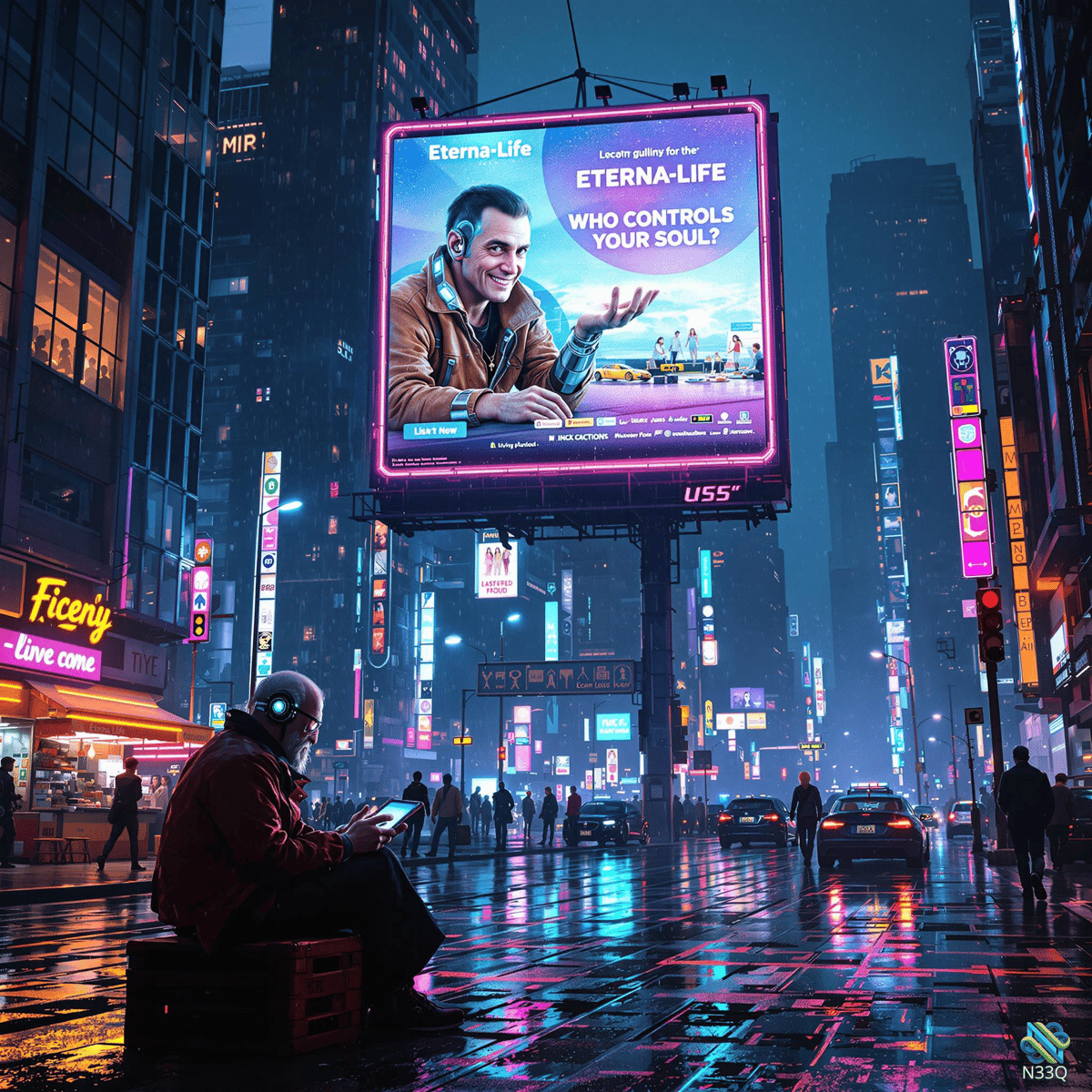 Figure Viewing Eterna-Life Billboard in Neon Rain