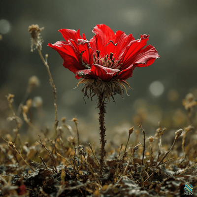Red Flower on Thorny Stem in Dry Field