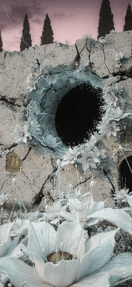Crumbling Wall with White Lotus Flowers