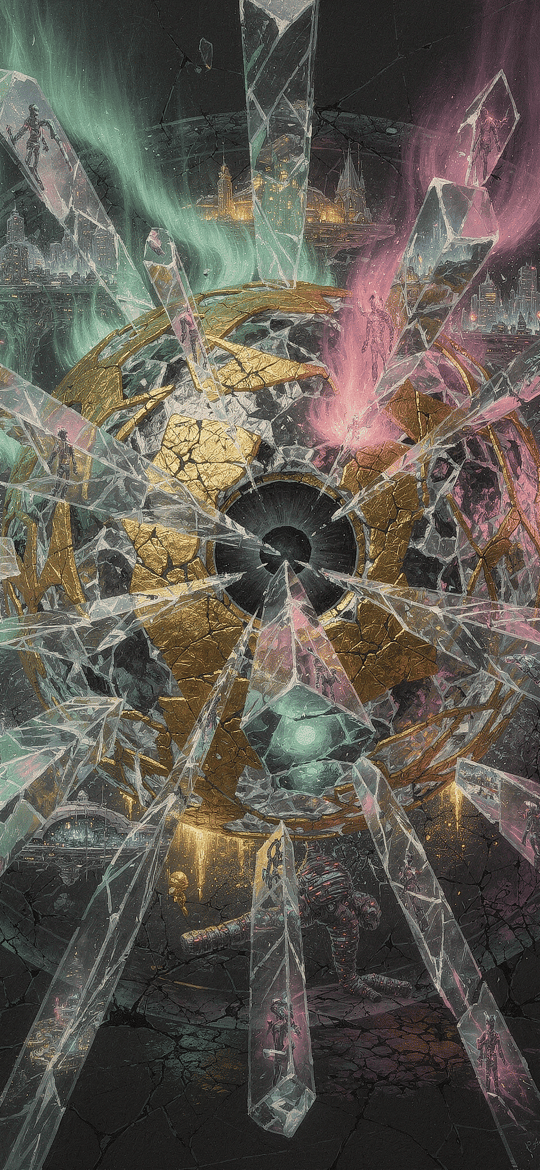 Shattered Golden Sphere with Crystal Shards