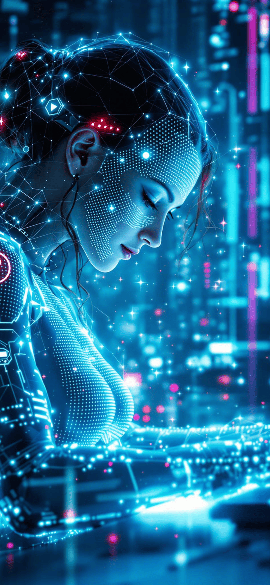 Cybernetic Woman Typing in Neon City