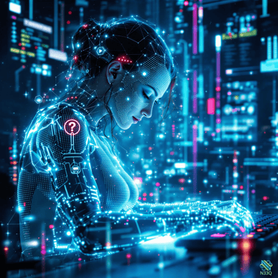 Cybernetic Woman Typing in Neon City