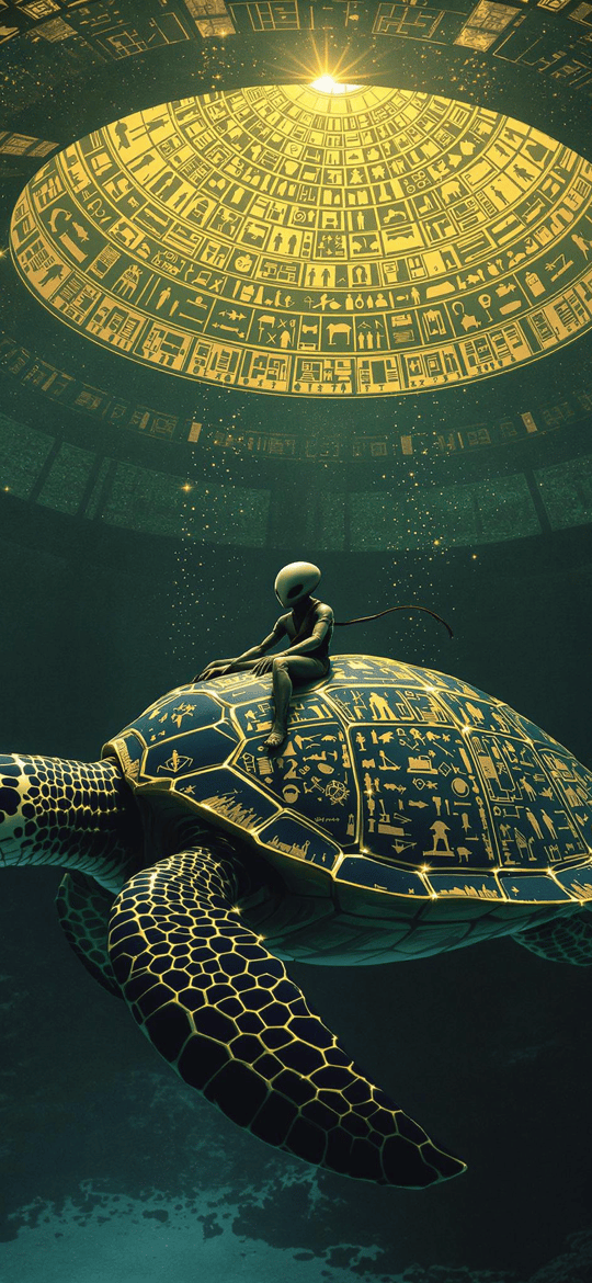 Rider on Hieroglyph Turtle Under Glowing Dome