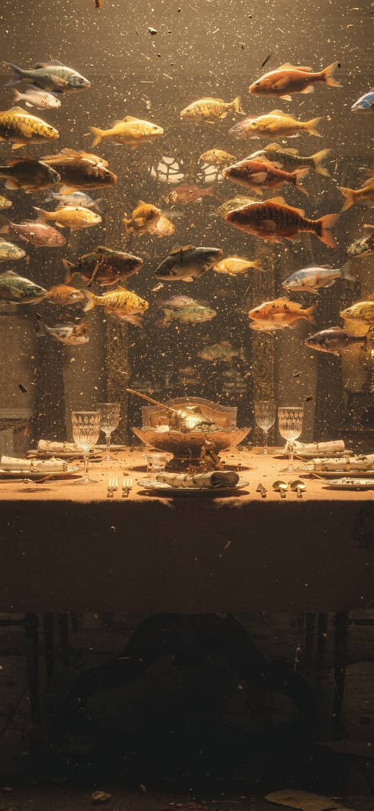 School of Fish Over Dinner Table
