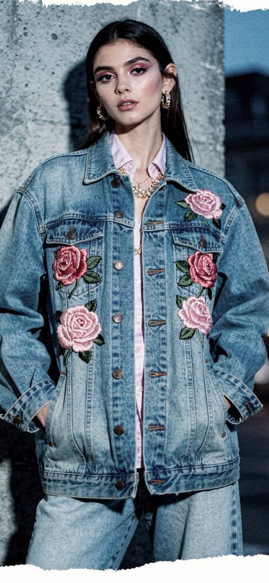 Woman in Rose Embroidered Denim Jacket