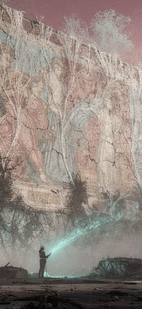 Lone Figure Lighting Cracked Ancient Fresco