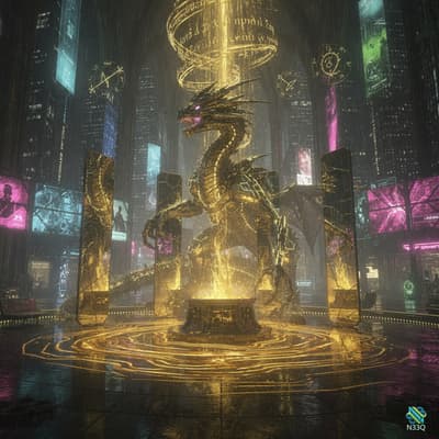 Golden Dragon in Neon Cyberpunk Plaza
