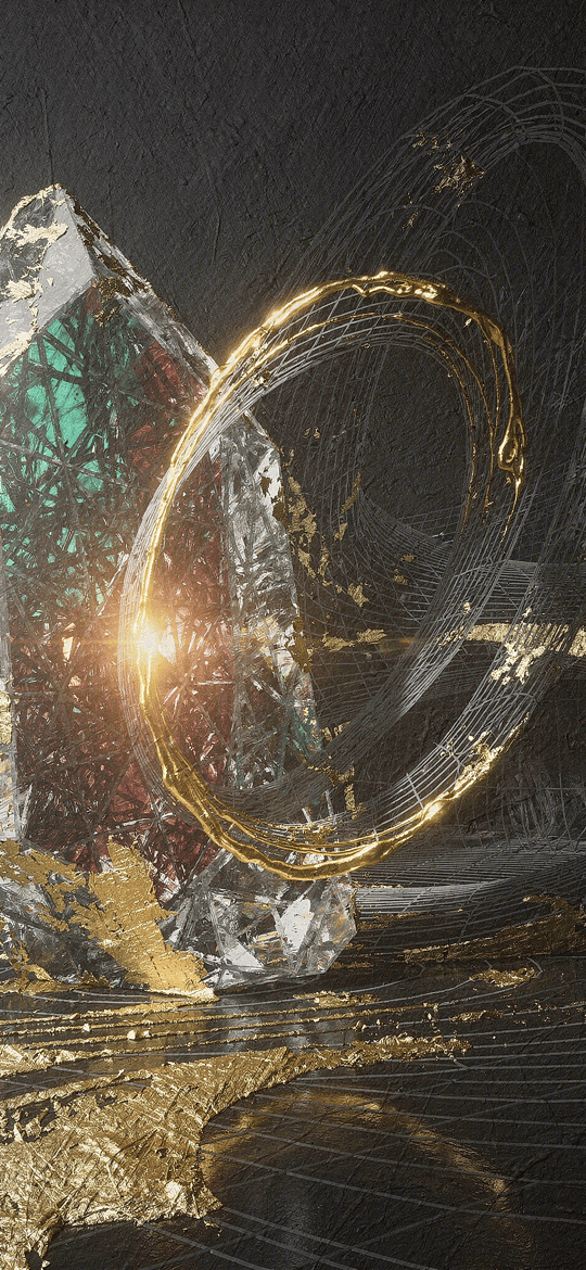 Teal Crystal and Golden Ring on a Wireframe Floor