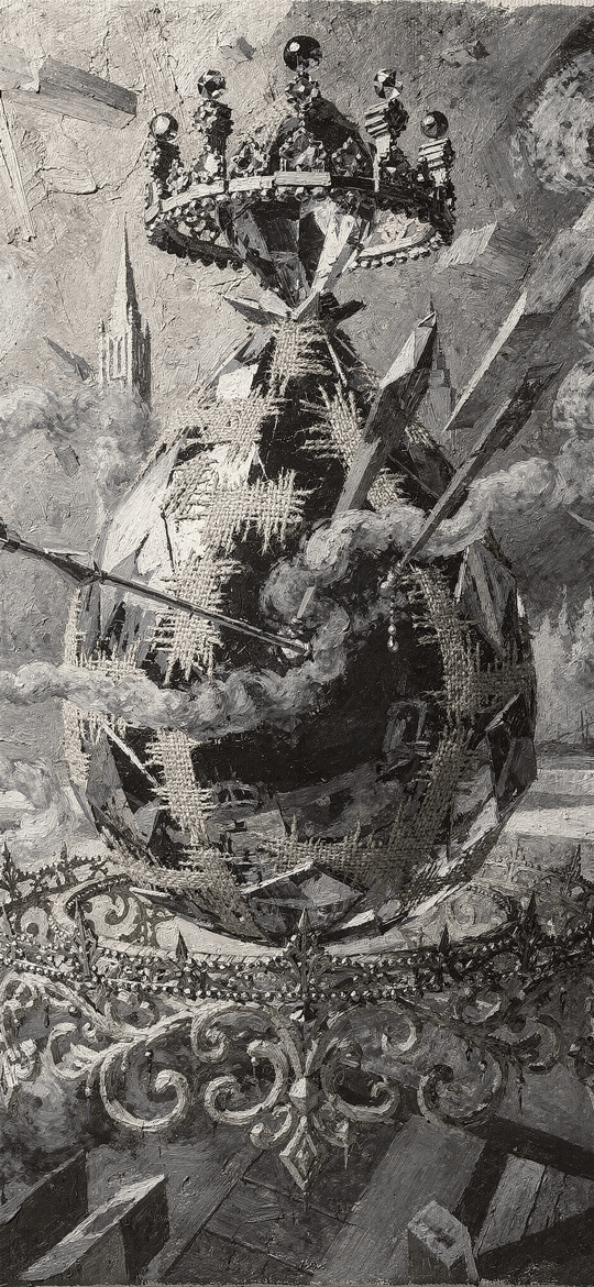 Crowned Shattered Sphere Amid Gothic Spires