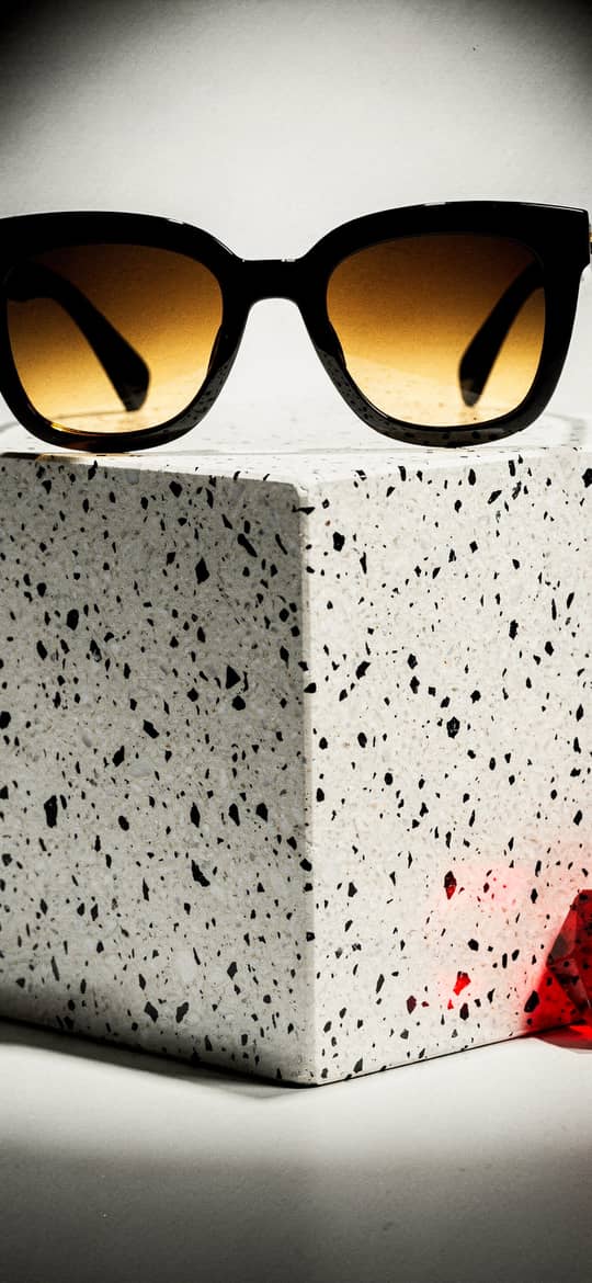 Sunglasses on Speckled Cube with Red Gem
